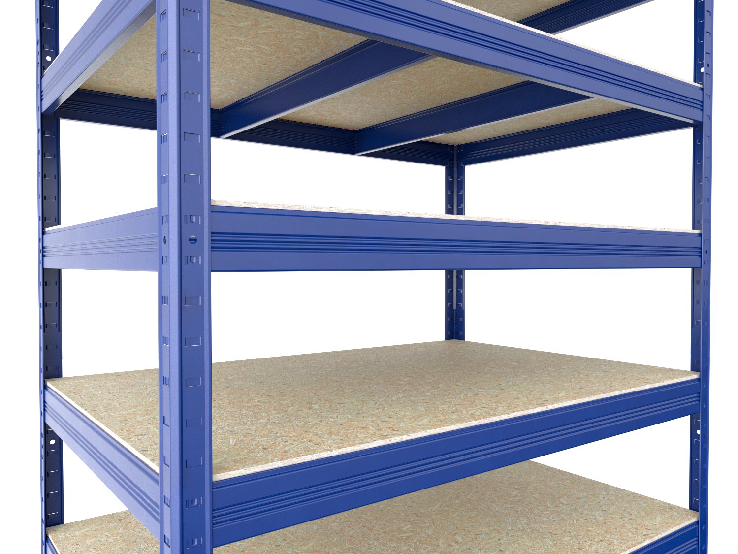 Celkový pohled na kovový regál s OSB policemi